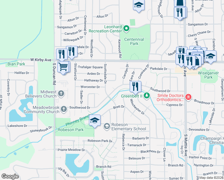 map of restaurants, bars, coffee shops, grocery stores, and more near 2410 Southwood Drive in Champaign