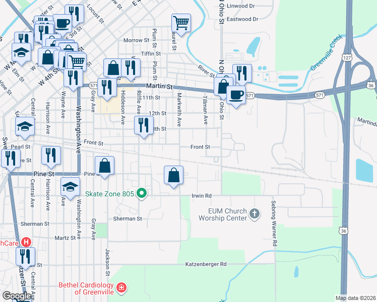 map of restaurants, bars, coffee shops, grocery stores, and more near 507 Markwith Avenue in Greenville