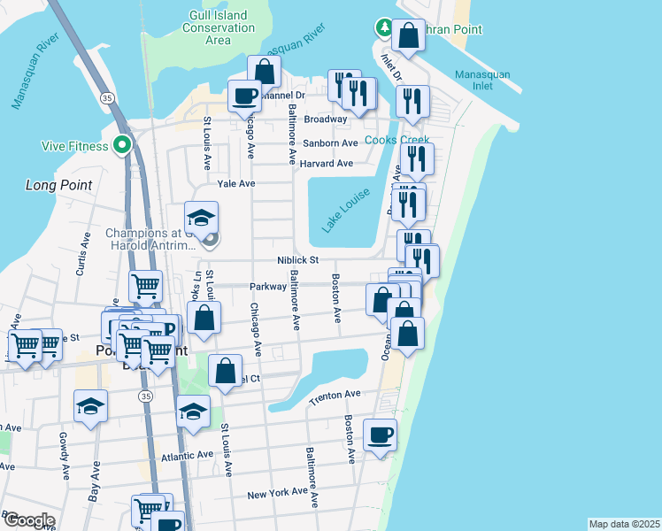 map of restaurants, bars, coffee shops, grocery stores, and more near 44 Niblick Street in Point Pleasant Beach