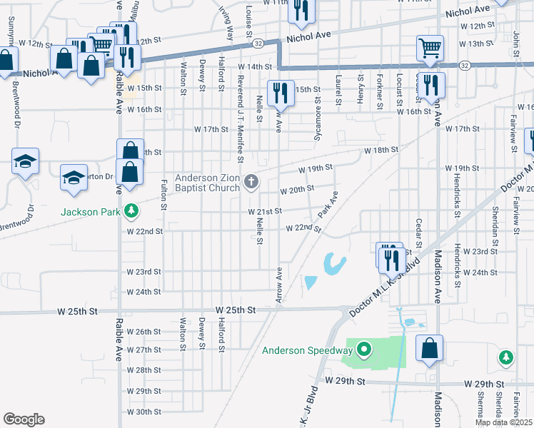 map of restaurants, bars, coffee shops, grocery stores, and more near 1719 West 21st Street in Anderson