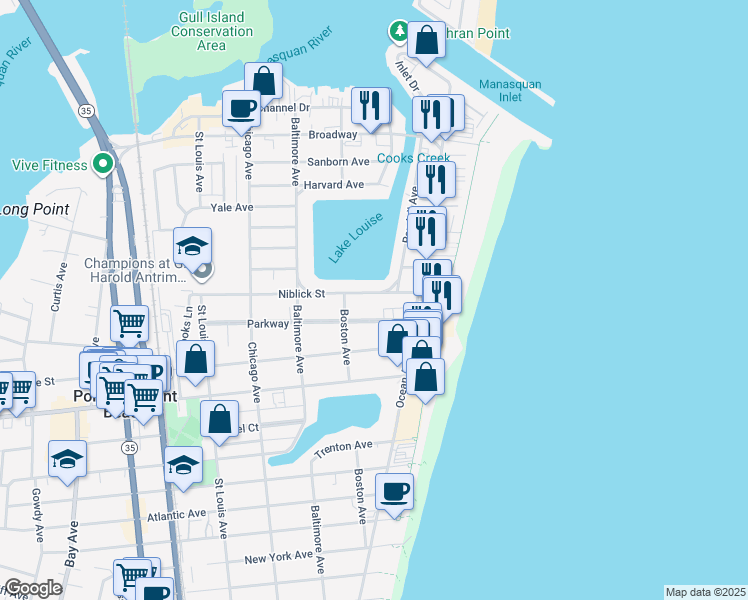 map of restaurants, bars, coffee shops, grocery stores, and more near 25 Parkway in Point Pleasant Beach
