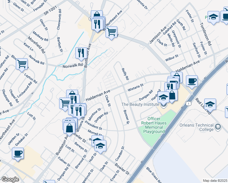 map of restaurants, bars, coffee shops, grocery stores, and more near 9837 Haldeman Avenue in Philadelphia