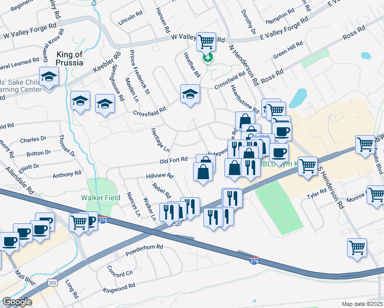 map of restaurants, bars, coffee shops, grocery stores, and more near 366 Old Fort Road in King of Prussia