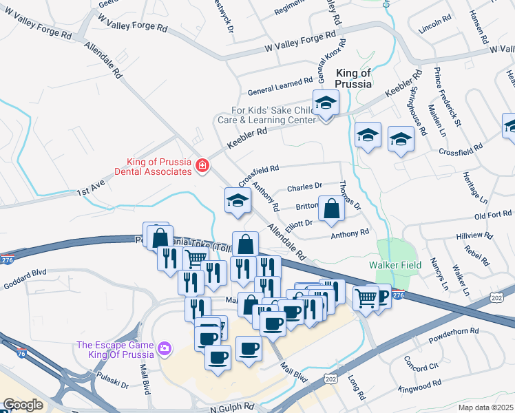 map of restaurants, bars, coffee shops, grocery stores, and more near 348 Allendale Road in King of Prussia