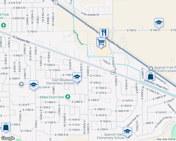 map of restaurants, bars, coffee shops, grocery stores, and more near 1893 East 1120 South in Spanish Fork