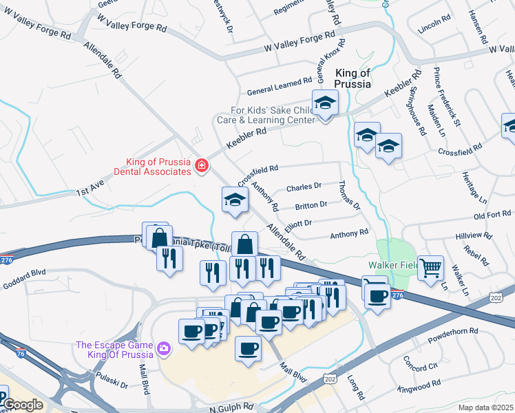 map of restaurants, bars, coffee shops, grocery stores, and more near 348 Allendale Road in King of Prussia