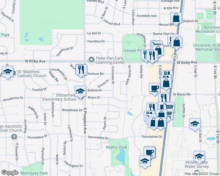 map of restaurants, bars, coffee shops, grocery stores, and more near 704 Balboa Drive in Champaign