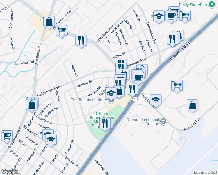 map of restaurants, bars, coffee shops, grocery stores, and more near 9985 Hardy Road in Philadelphia