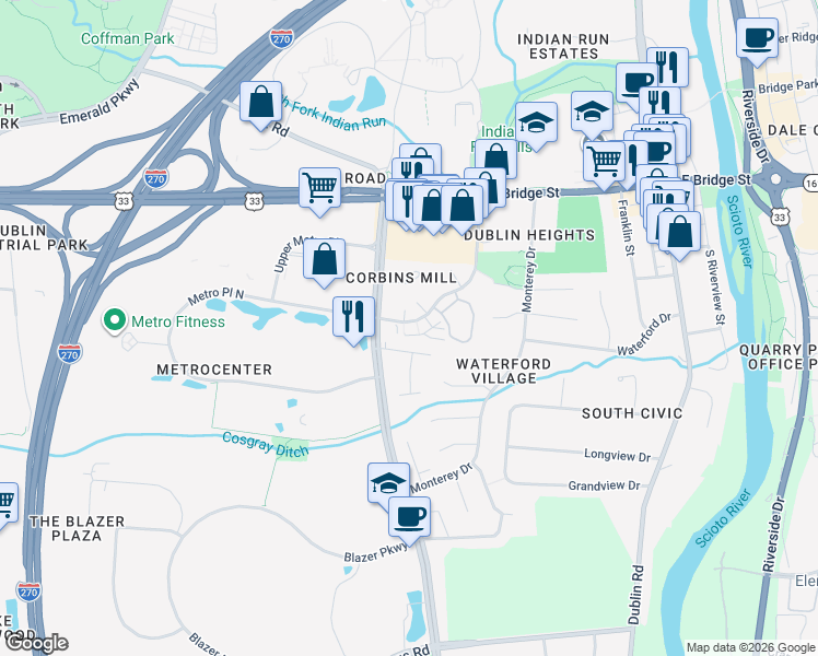 map of restaurants, bars, coffee shops, grocery stores, and more near 196 Corbins Mill Drive in Dublin