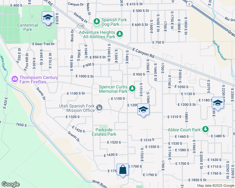 map of restaurants, bars, coffee shops, grocery stores, and more near 1339 East 1150 South in Spanish Fork