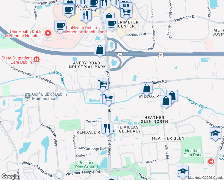 map of restaurants, bars, coffee shops, grocery stores, and more near 6206-6248 Avery Road in Dublin