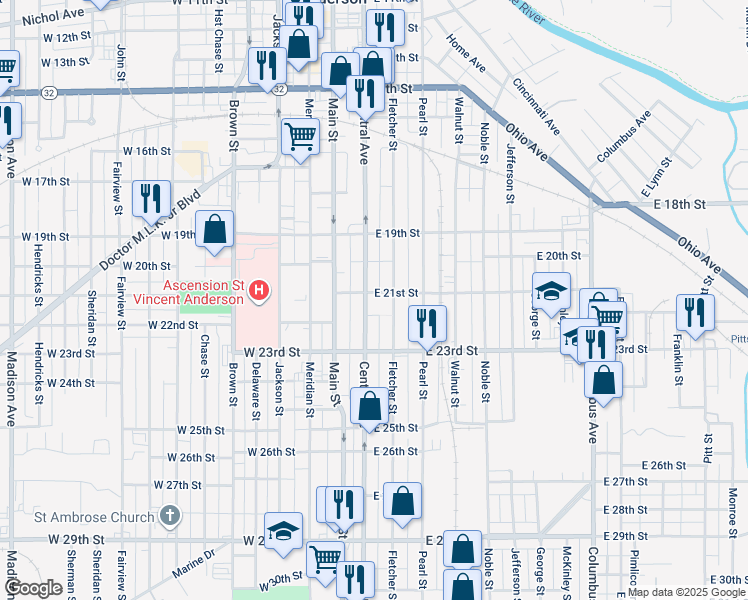 map of restaurants, bars, coffee shops, grocery stores, and more near 2115 Central Avenue in Anderson
