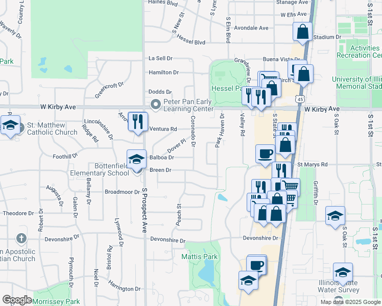 map of restaurants, bars, coffee shops, grocery stores, and more near 704 Balboa Drive in Champaign