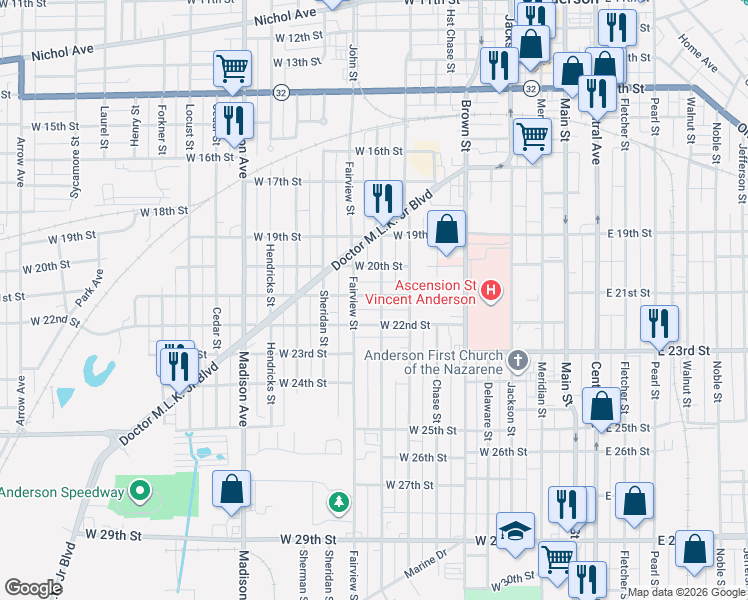 map of restaurants, bars, coffee shops, grocery stores, and more near 2104 Morton Street in Anderson