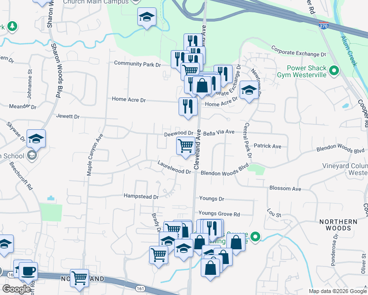 map of restaurants, bars, coffee shops, grocery stores, and more near 6031 Cleveland Avenue in Columbus