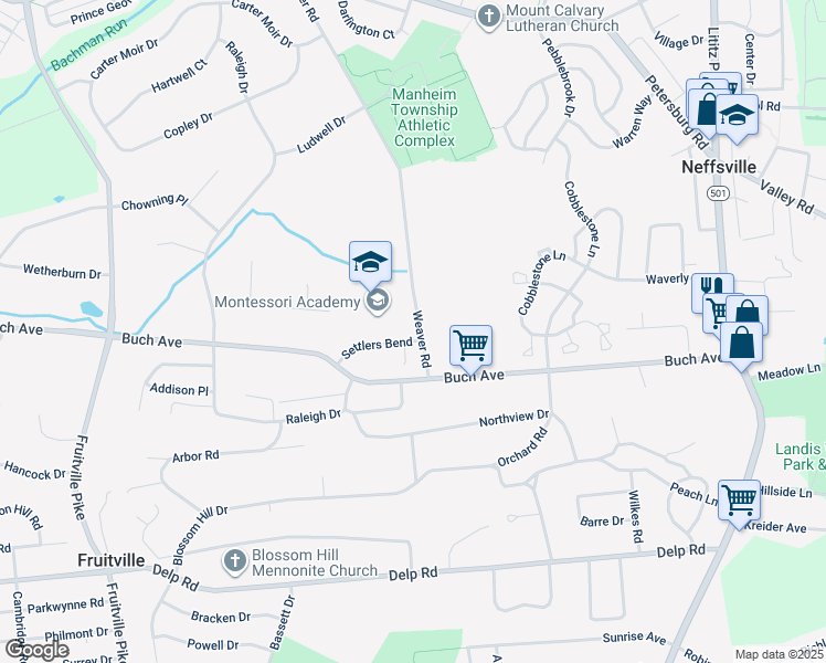 map of restaurants, bars, coffee shops, grocery stores, and more near 201 Settlers Bend in Lancaster