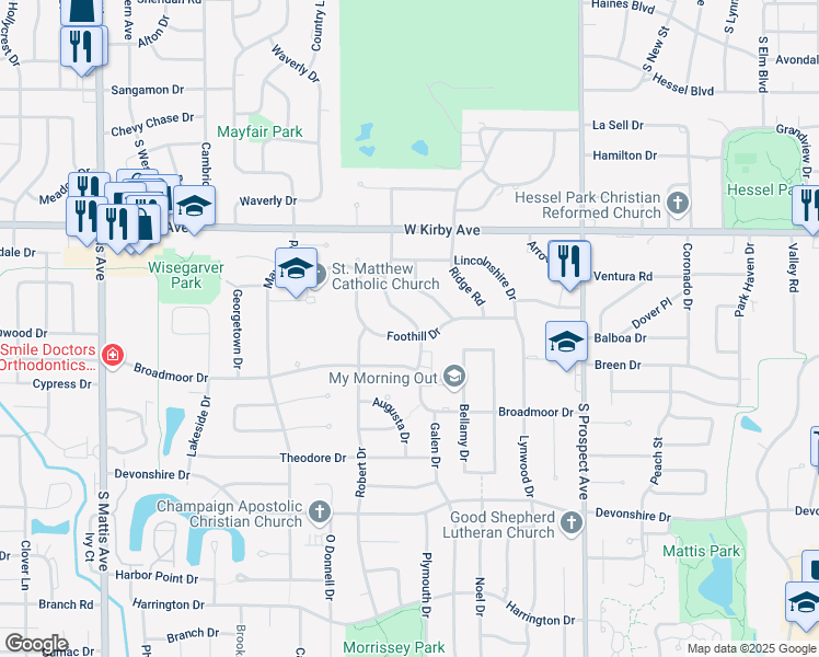 map of restaurants, bars, coffee shops, grocery stores, and more near 1202 Foothill Drive in Champaign