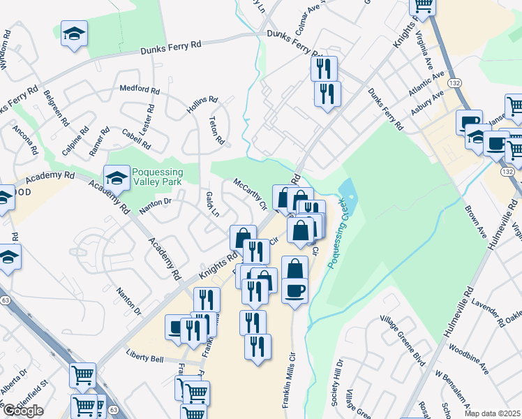 map of restaurants, bars, coffee shops, grocery stores, and more near 12861 McCarthy Circle in Philadelphia