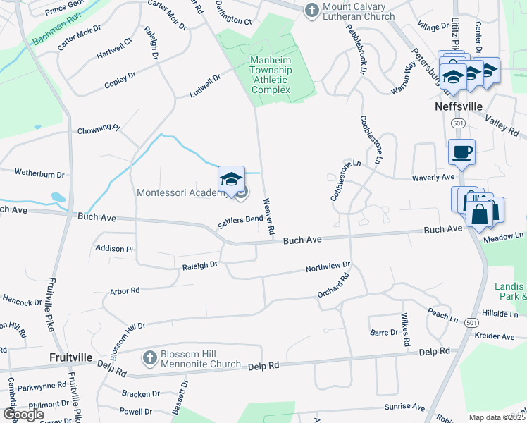 map of restaurants, bars, coffee shops, grocery stores, and more near 201 Settlers Bend in Lancaster