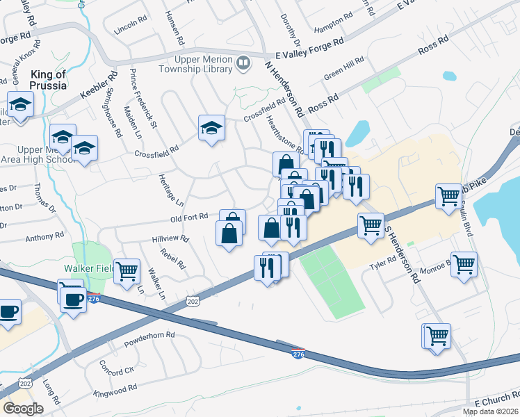 map of restaurants, bars, coffee shops, grocery stores, and more near 250 Tanglewood Lane in King of Prussia