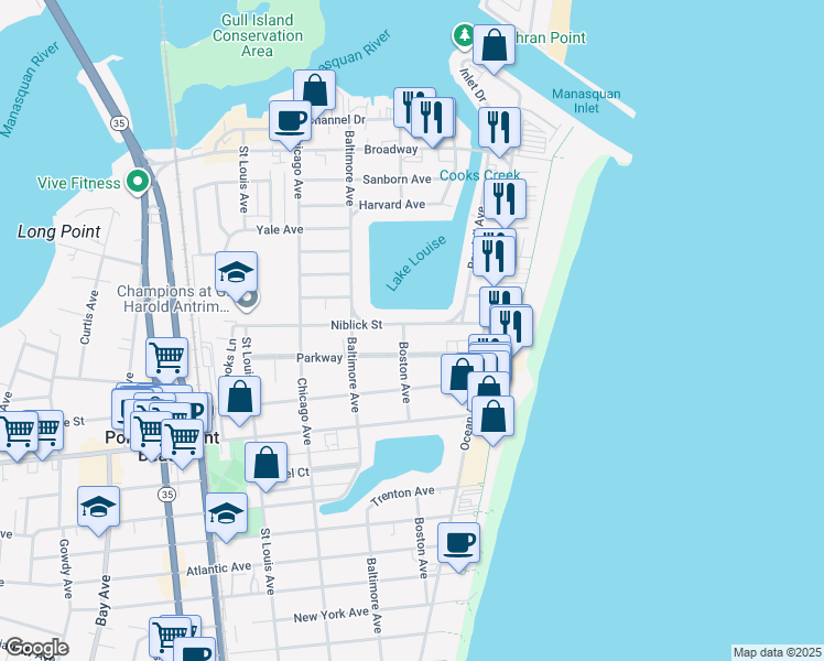 map of restaurants, bars, coffee shops, grocery stores, and more near 44 Niblick Street in Point Pleasant Beach