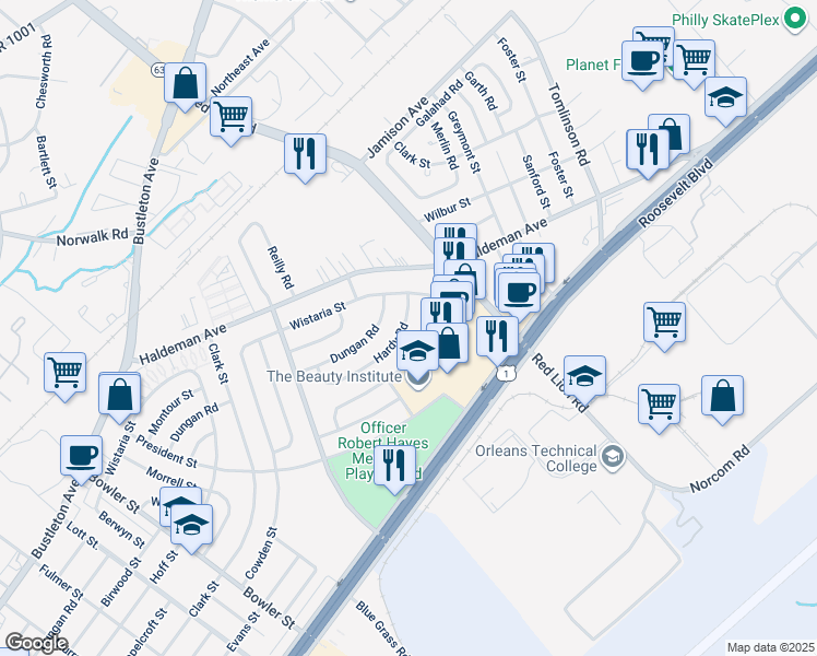 map of restaurants, bars, coffee shops, grocery stores, and more near 9985 Hardy Road in Philadelphia