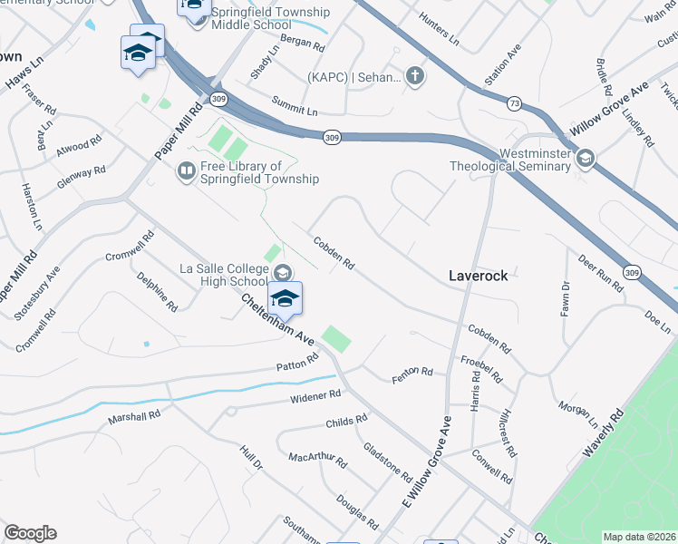 map of restaurants, bars, coffee shops, grocery stores, and more near 8308 Cobden Road in Glenside