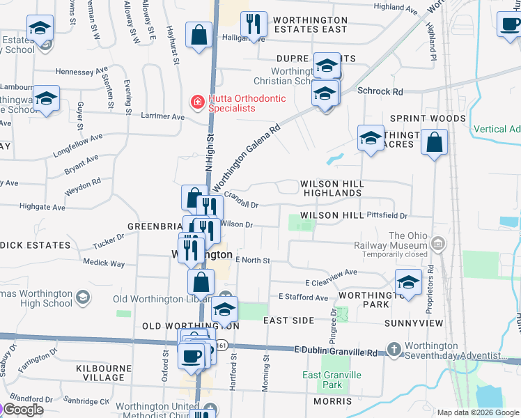 map of restaurants, bars, coffee shops, grocery stores, and more near 147 Crandall Drive in Worthington