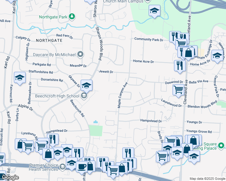 map of restaurants, bars, coffee shops, grocery stores, and more near 6279 Maple Canyon Avenue in Columbus