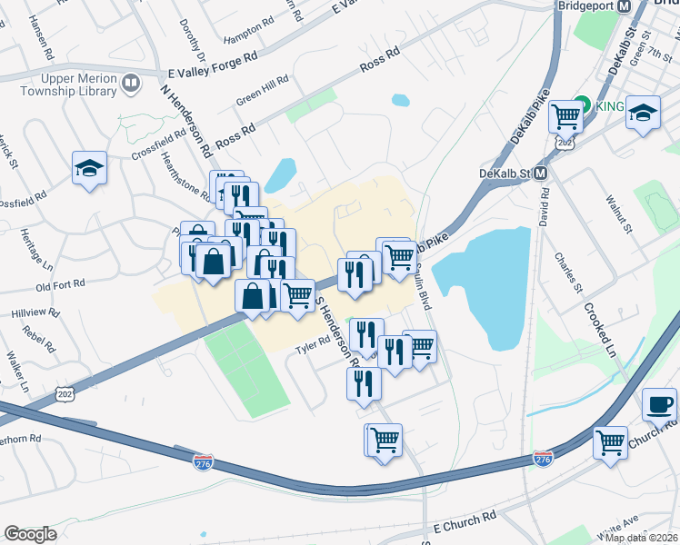 map of restaurants, bars, coffee shops, grocery stores, and more near 138 East Dekalb Pike in King of Prussia