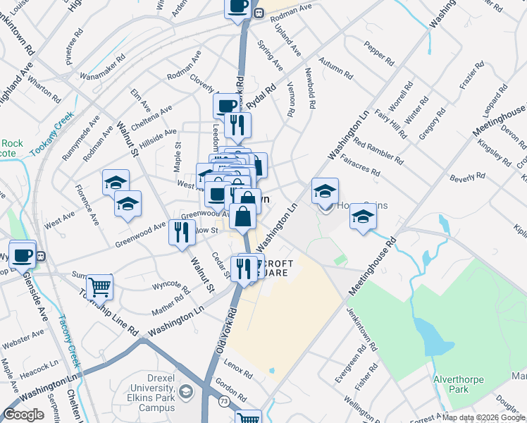 map of restaurants, bars, coffee shops, grocery stores, and more near in Jenkintown