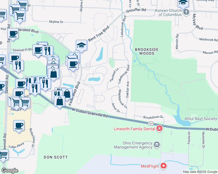 map of restaurants, bars, coffee shops, grocery stores, and more near 2231 Viburnum Lane in Columbus