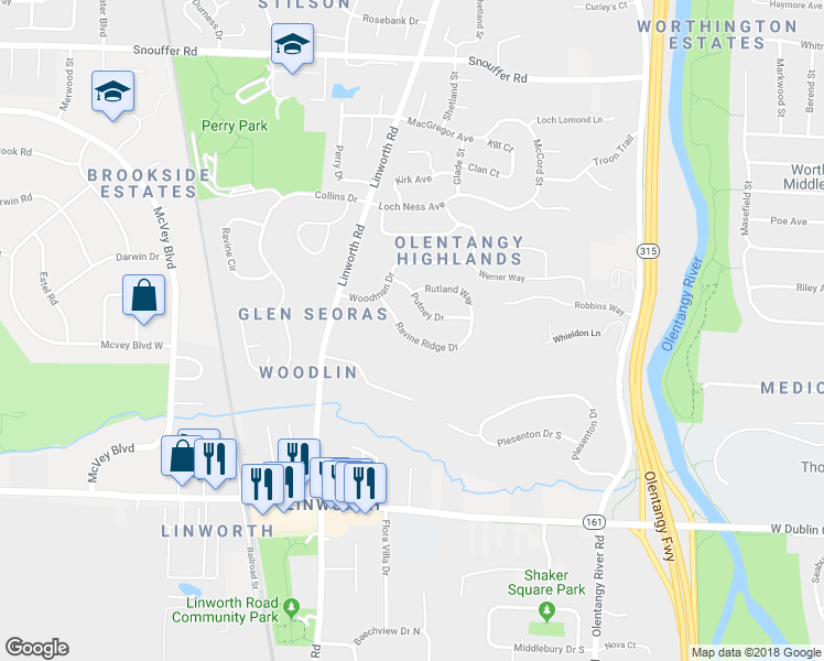 map of restaurants, bars, coffee shops, grocery stores, and more near 1086 Ravine Ridge Drive in Worthington