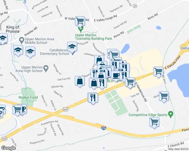 map of restaurants, bars, coffee shops, grocery stores, and more near 250 Tanglewood Lane in King of Prussia