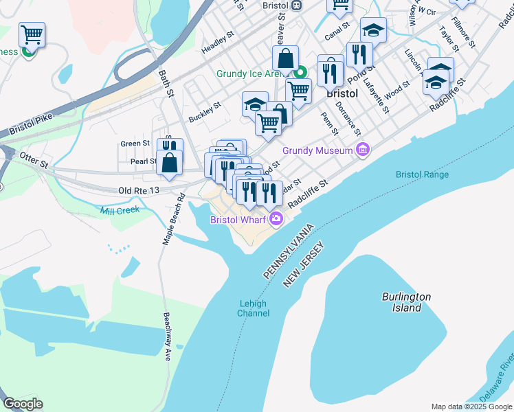 map of restaurants, bars, coffee shops, grocery stores, and more near 117 Cedar Street in Bristol
