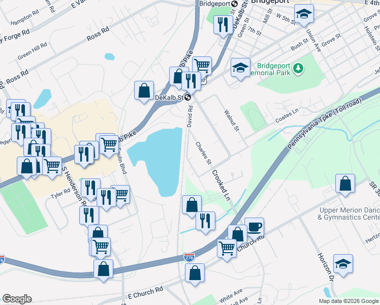 map of restaurants, bars, coffee shops, grocery stores, and more near 199 David Road in King of Prussia