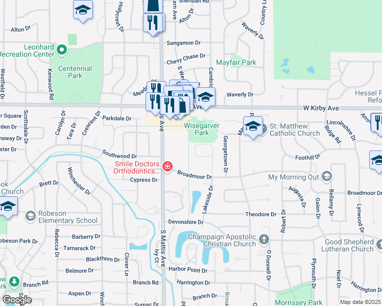 map of restaurants, bars, coffee shops, grocery stores, and more near 1610 Lakeside Drive in Champaign