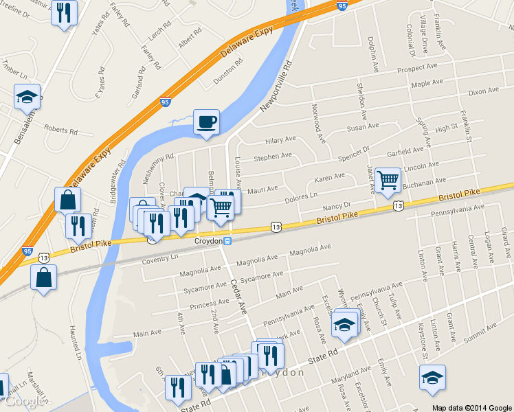 map of restaurants, bars, coffee shops, grocery stores, and more near 919 Dolores Lane in Croydon