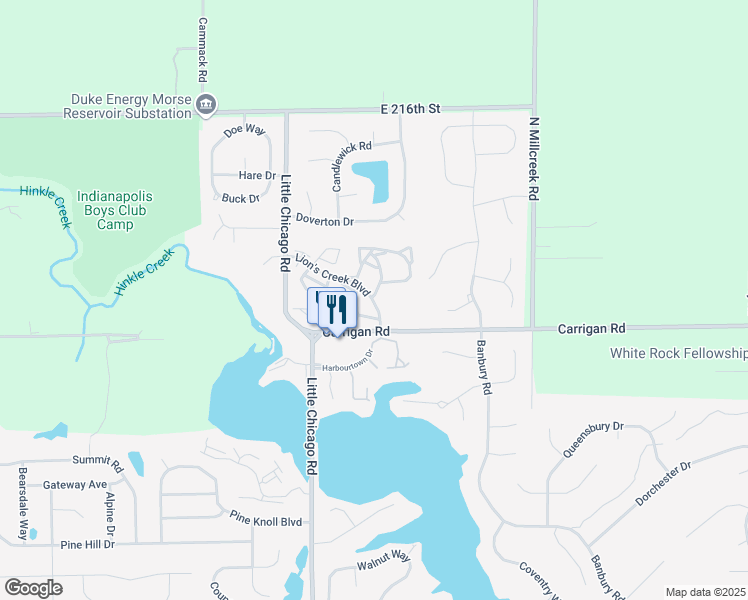 map of restaurants, bars, coffee shops, grocery stores, and more near 500 Lions Creek Circle in Noblesville