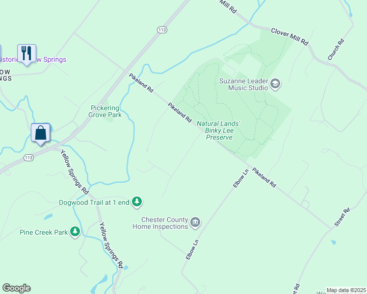 map of restaurants, bars, coffee shops, grocery stores, and more near 1445 Dogwood Lane in Chester Springs