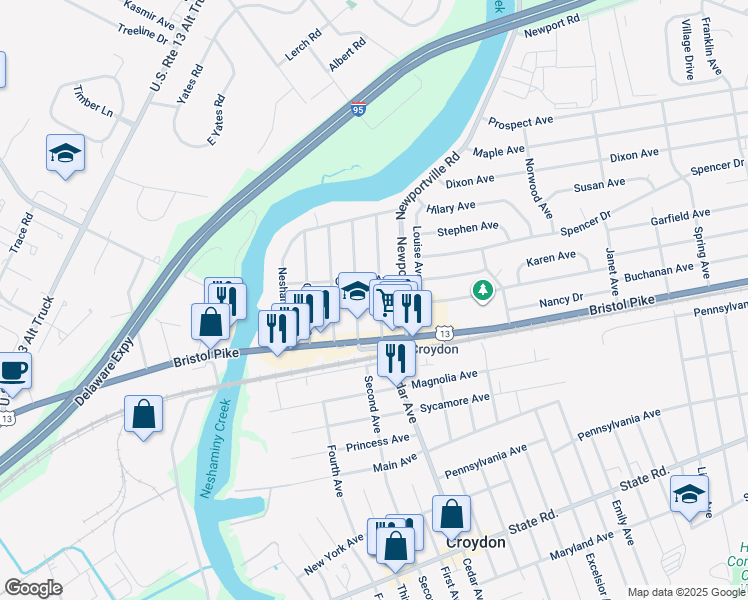 map of restaurants, bars, coffee shops, grocery stores, and more near 139 Belmont Avenue in Croydon