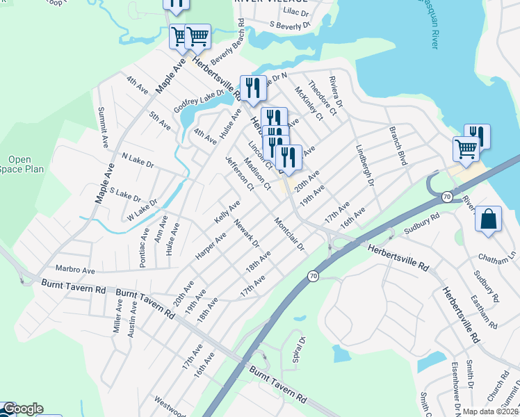 map of restaurants, bars, coffee shops, grocery stores, and more near 330 Harper Avenue in Brick
