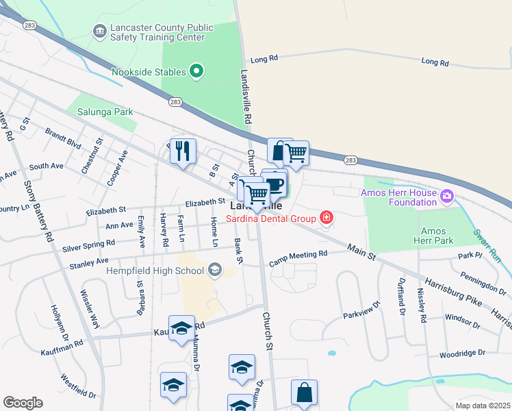 map of restaurants, bars, coffee shops, grocery stores, and more near in Landisville