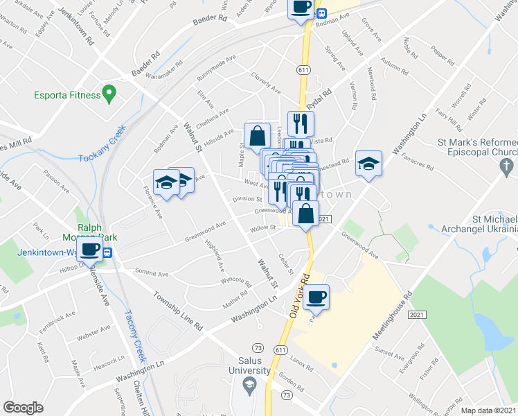 map of restaurants, bars, coffee shops, grocery stores, and more near 529 Greenwood Avenue in Jenkintown