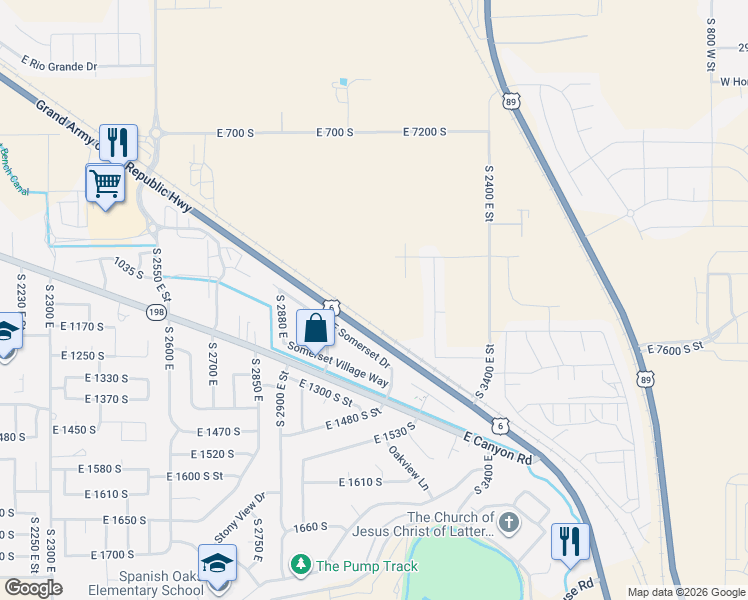 map of restaurants, bars, coffee shops, grocery stores, and more near 3021 East Somerset Drive in Spanish Fork