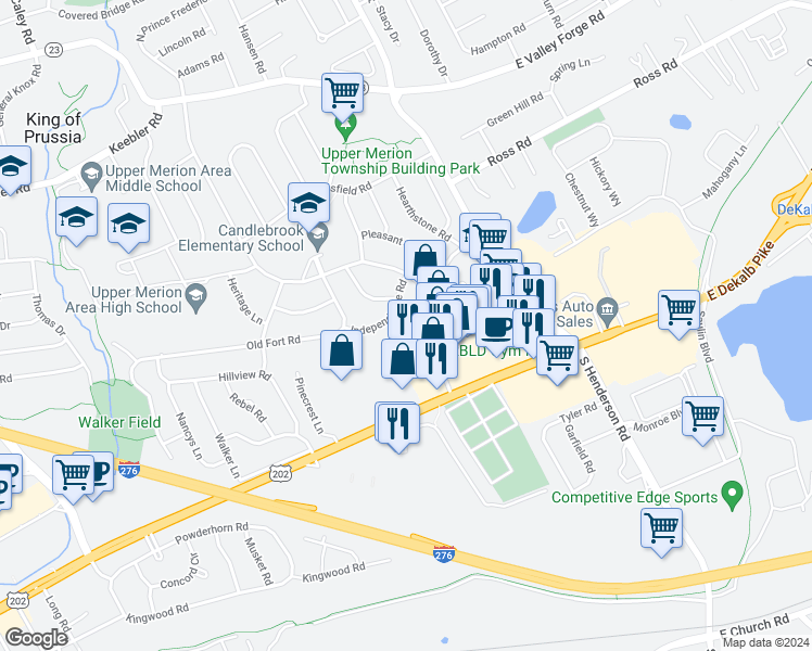 map of restaurants, bars, coffee shops, grocery stores, and more near 250 Tanglewood Lane in King of Prussia