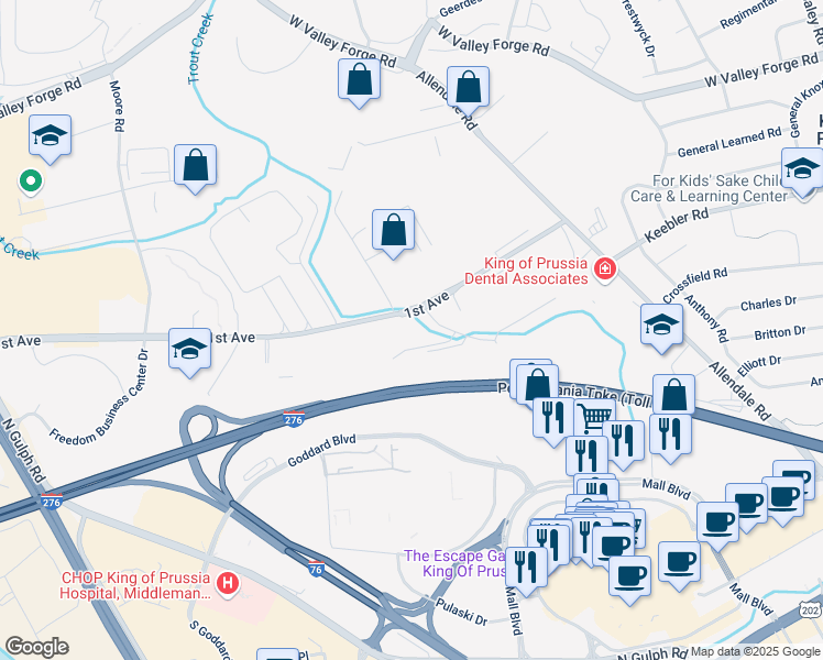 map of restaurants, bars, coffee shops, grocery stores, and more near 400 American Avenue in King of Prussia