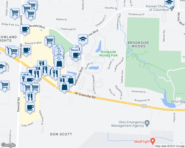 map of restaurants, bars, coffee shops, grocery stores, and more near 6789 Meadow Creek Drive in Columbus