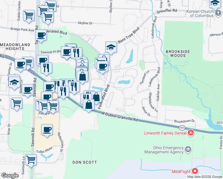 map of restaurants, bars, coffee shops, grocery stores, and more near 6840 Chateau Chase Drive in Columbus