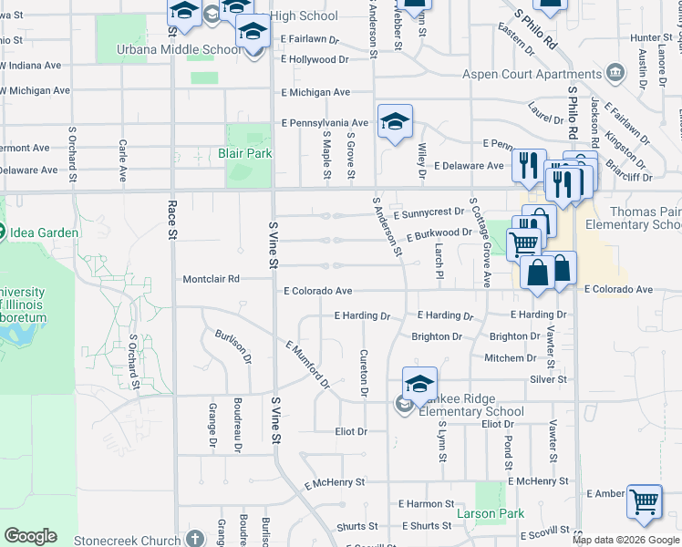 map of restaurants, bars, coffee shops, grocery stores, and more near 506 East Colorado Avenue in Urbana